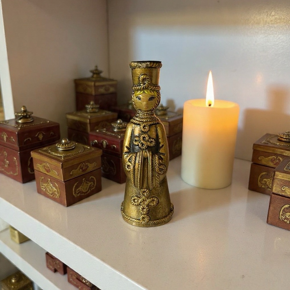 vintage chalkware candle holder featuring a metallic gold-finished figure